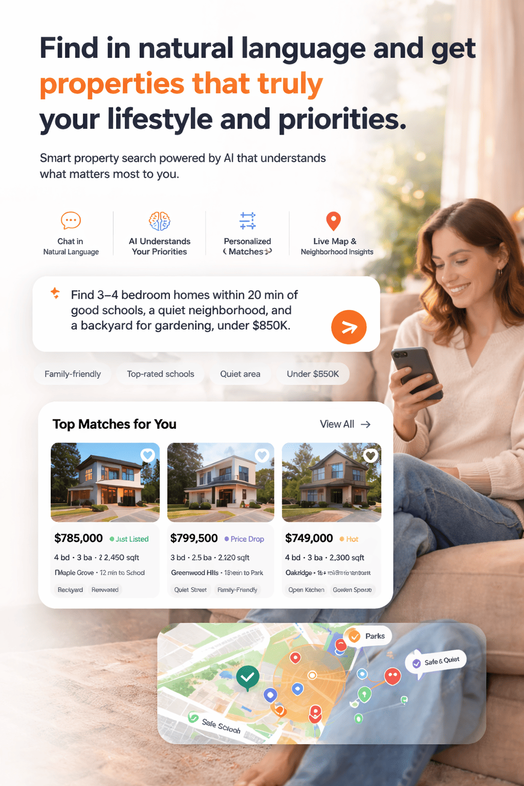 Chat shows condo search in Miami and a request to visit 32 Pratt Avenue with a prompt to choose a showing time.